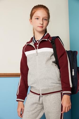Everanne youth sports zip-up jacket with stand collar and colorblock red stripes, ideal for active wear and sports activities