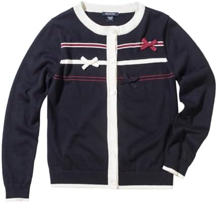 Everanne girls' cardigan sweater with striped bow ribbon, cotton fabric, slim fit, elastic trim, and breathable material.