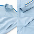 Everanne youth sports zip-up jacket with stand collar and contrast blue stripe, casual athletic jacket for boys and girls.