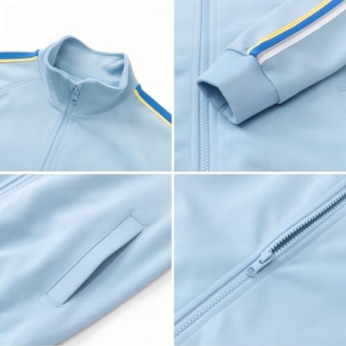 Everanne youth sports zip-up jacket with stand collar and contrast blue stripe, casual athletic jacket for boys and girls.