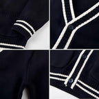 Everanne striped cardigan sweater with contrast collar and windproof cuffs, featuring a cozy, stylish design.