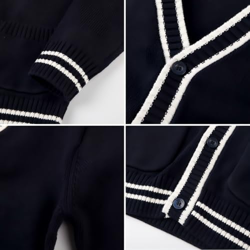 Everanne striped cardigan sweater with contrast collar and windproof cuffs, featuring a cozy, stylish design.