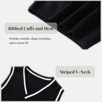 Everanne boys cotton V-neck sweater vest with blue and white stripes, featuring a striped collar, ideal for school uniforms.