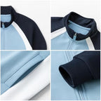 Everanne kids cotton nylon interlock sportswear jacket with stand collar, track and activewear style, in vibrant colors.