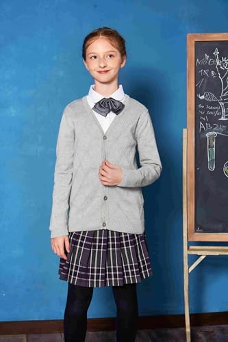 Everanne 100% cotton V-neck school uniform diamond knit cardigan sweater, navy blue with button closure and ribbed cuffs.