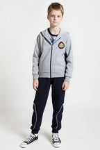 Everanne unisex youth sports zip-up hooded jacket in gray and navy, windproof track jacket with ribbed hem and active fit.