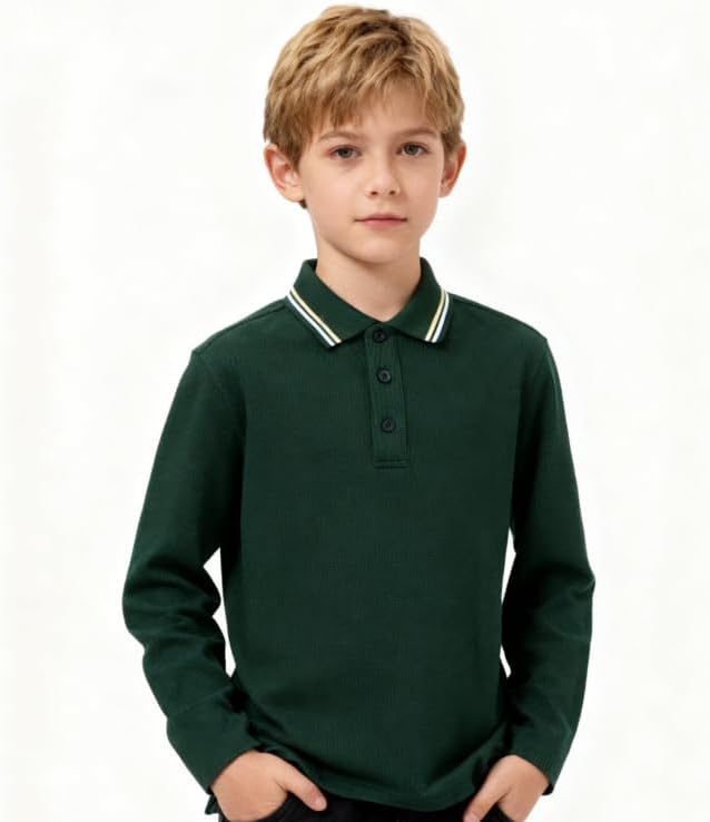 Everanne unisex cotton blend long sleeve polo shirt with ribbed collar in green, casual men's and women's top.