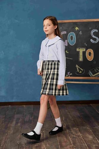 Everanne girls woven checkered pleated skirt in navy and off white with dual waist YKK zipper, stylish and comfortable design.