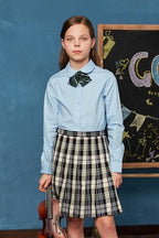 Everanne girls' blue stretch poplin long sleeve school shirt with a club collar, perfect for school uniforms and casual wear.