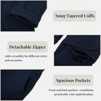 Everanne lightweight twill pants with removable campus strap, elastic and adjustable waistband, cotton nylon blend, leather tab detail.