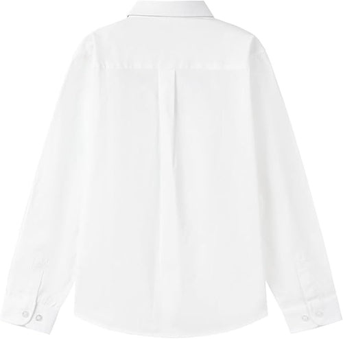 Everanne boys' white cotton blend long sleeve shirt with square collar and patch pocket, casual top for kids.