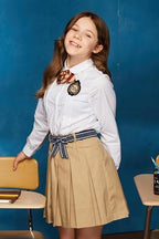 Everanne girls lace trim long sleeve blouse with club collar and plum buttons, featuring a stylish and feminine design.
