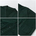 Everanne unisex green cotton V-neck cardigan sweater with windproof cuffs and knit texture, suited for casual wear.