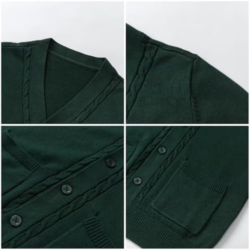 Everanne unisex green cotton V-neck cardigan sweater with windproof cuffs and knit texture, suited for casual wear.