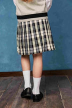 Everanne girls' navy and off-white woven checkered pleated skirt with dual waist YKK zipper, stylish school uniform skirt.