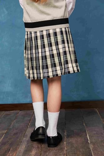 Everanne girls' navy and off-white woven checkered pleated skirt with dual waist YKK zipper, stylish school uniform skirt.
