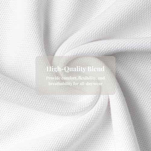 Everanne white unisex long sleeve cotton blend polo shirt with ribbed collar displayed on a hanger.