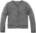 Everanne girls' gray cotton cardigan sweater with round collar and waist detail, featuring a bow embellishment.