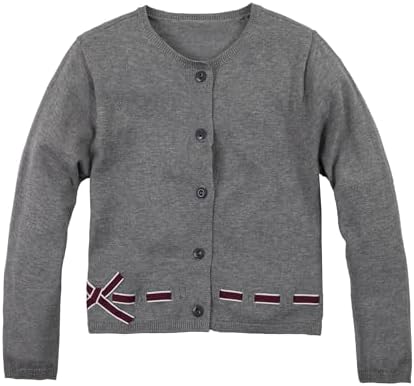 Everanne girls' gray cotton cardigan sweater with round collar and waist detail, featuring a bow embellishment.