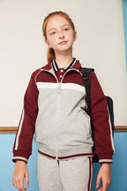 Everanne youth sports zip-up jacket with stand collar and colorblock red stripes, ideal for active wear and athletic activities.