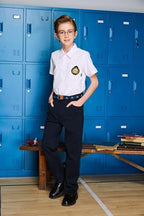 Everanne boys Roma knit slim fit pants with dual waist design, elastic waistband, and resin button detail.