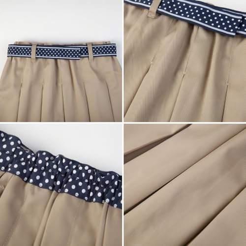 Everanne girls' beige mini skirt with bow tie belt, lightweight twill fabric, perfect for school and casual wear.