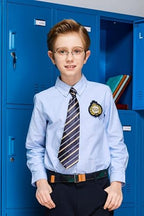 Everanne boys' 100% cotton oxford long sleeve shirt with button-down collar, shown in navy blue.