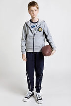Everanne unisex youth sports zip-up hooded jacket with windproof fabric, ribbed hem in gray and navy, ideal for active wear.