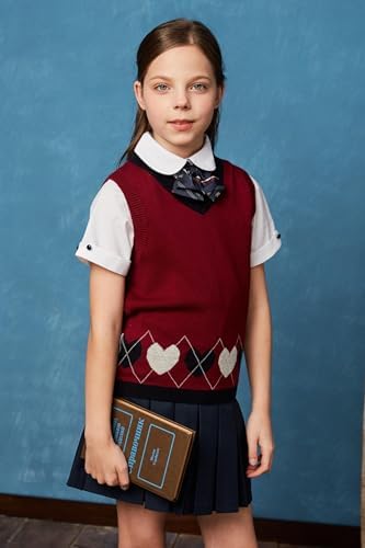 Everanne toddler girl sleeveless red sweater vest with heart pattern, V-neck knit, soft cotton, ideal for school outfits