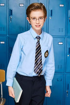 Everanne boys' blue cotton blend long sleeve shirt with square collar and patch pocket, suitable for casual or school wear.