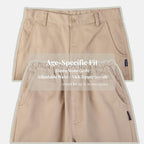 Everanne classic twill long pants with patch pockets and dual waist design, shown in a natural side view.