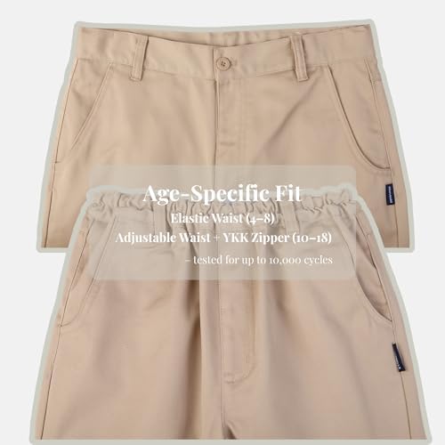 Everanne classic twill long pants with patch pockets and dual waist design, shown in a natural side view.