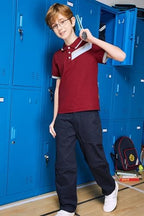 Everanne lightweight twill pants with removable campus strap, elastic and adjustable waistband, cotton nylon blend, leather tab detail