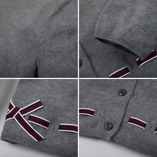 Everanne girls gray cotton cardigan sweater with round collar and waist detail, featuring a cute bow design.