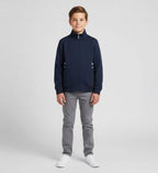 Everanne unisex youth navy zip-up sports jacket with stand collar and ribbing, perfect for active wear and casual style.