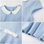 Everanne girls’ casual piqué short sleeve dress with V-neck, Peter Pan collar, and bow, perfect for stylish everyday wear.