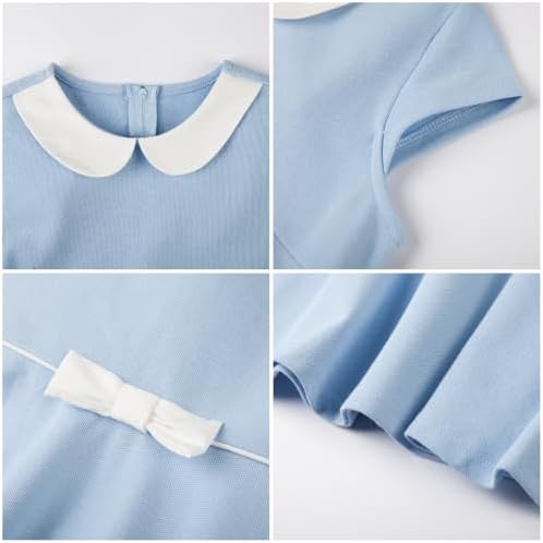 Everanne girls’ casual piqué short sleeve dress with V-neck, Peter Pan collar, and bow, perfect for stylish everyday wear.