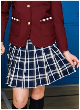 Everanne girls' navy and white woven checkered pleated skirt with dual waist YKK zipper, stylish and comfortable for school wear.