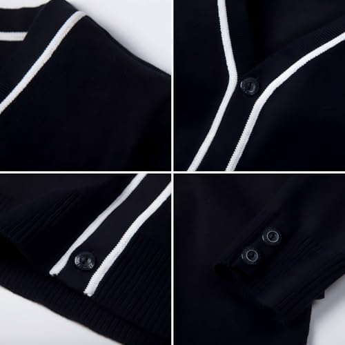 Everanne striped cardigan sweater with contrast collar and windproof cuffs, featuring a cozy, stylish design.