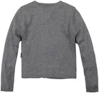 Everanne girls gray cotton cardigan sweater with round collar and waist detail, featuring a cute bow design and long sleeves.