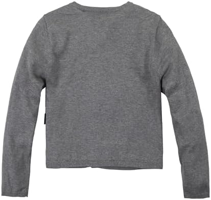 Everanne girls gray cotton cardigan sweater with round collar and waist detail, featuring a cute bow design and long sleeves.