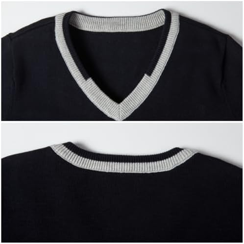 Everanne unisex black V-neck pullover sweater with stripe trim, cotton material, and windproof cuffs for a stylish, cozy look.
