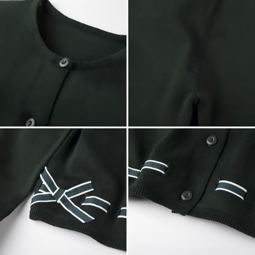 Everanne girls' green cotton cardigan sweater with round collar and waist detail, featuring a bow design on the front.