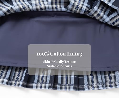 Everanne girls pleated school skirt with elastic and zipper waistband, cotton lining, suitable for school uniforms.