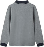Everanne unisex cotton blend long sleeve polo shirt with ribbed collar, shown in navy blue on a white background.