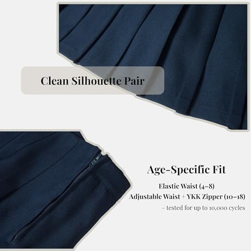 Everanne girls' pleated school uniform skirt with elastic waist, organic lining, in blue fabric, suitable for school wear