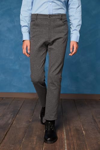 Everanne boys Roma knit slim fit pants with dual elastic waistbands, resin button closure in charcoal gray fabric.
