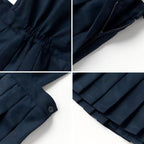Everanne girls’ navy twill pleated dress with side zipper, featuring a classic backpack design, perfect for casual or school wear.