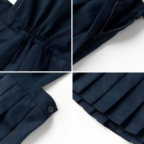 Everanne girls’ navy twill pleated dress with side zipper, featuring a classic backpack design, perfect for casual or school wear.