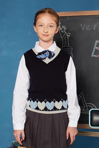 Everanne toddler girl sweater vest with heart pattern, V-neck, sleeveless knit tank, soft cotton school outfit for young children